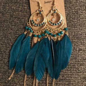 Teal and Gold Feather Earrings